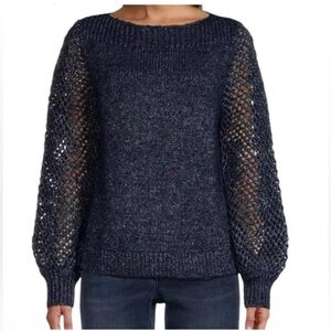 Tommy Bahama Wool Blend Shimmer Ballon Sleeve Island Navy Sweater size Med. NWT